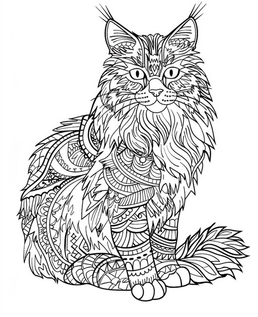 Photo a cat with a long mane sitting on the ground coloring page generative ai