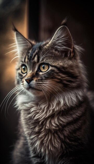 A cat with long whiskers and a black and gray striped fur.