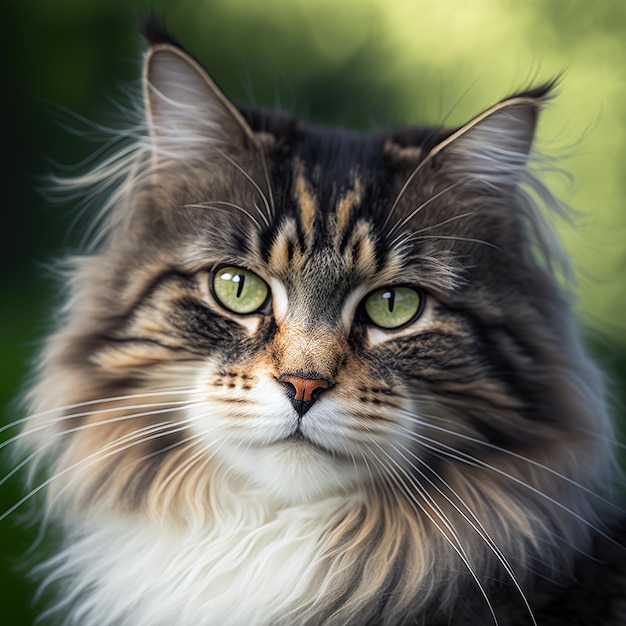 A cat with a long whiskers and a black and white stripe on its face.