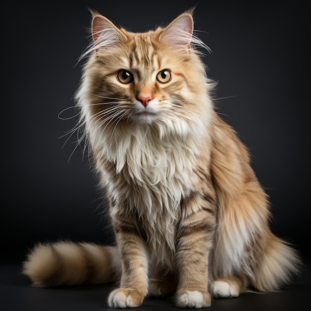 a cat with long whiskers sits on a black background