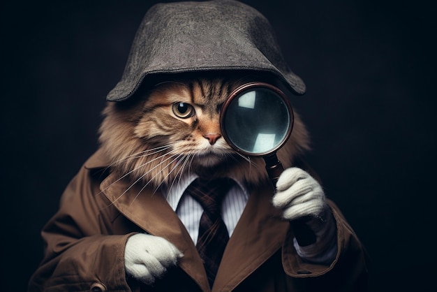 Foto un gatto con una lente d'ingrandimento vestito da detective