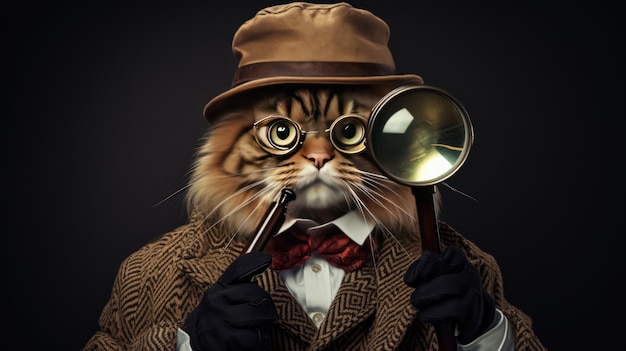 a cat with a magnifying glass is wearing a hat.