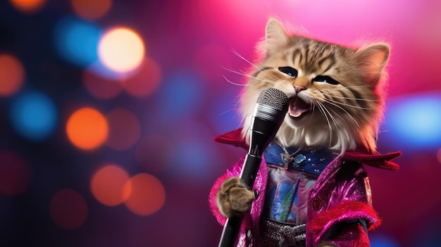 a cat with a microphone in front of a red background.