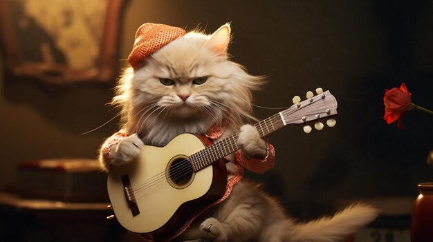 Photo a cat with mini guitar as if its musician background