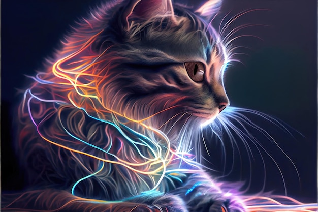 Cat with neon glowing fur against dark background made with Generative AI