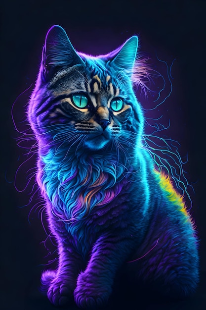 cat with neon light effect in the background