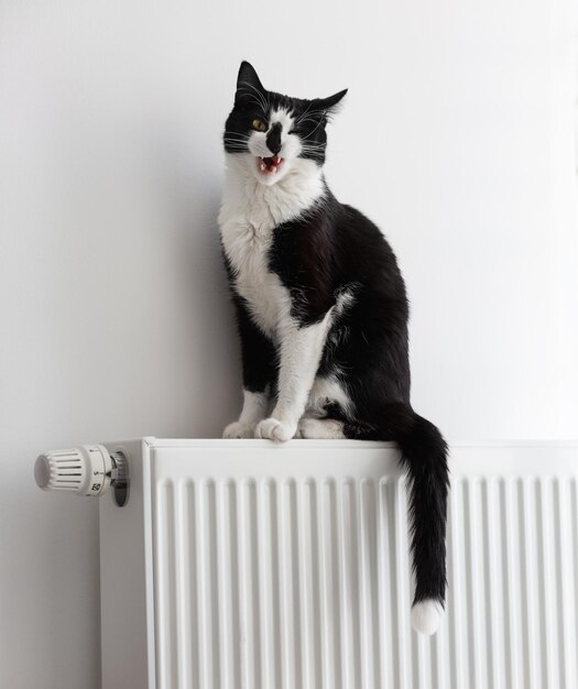 A cat with an open mouth sits on a heating radiator. White background.