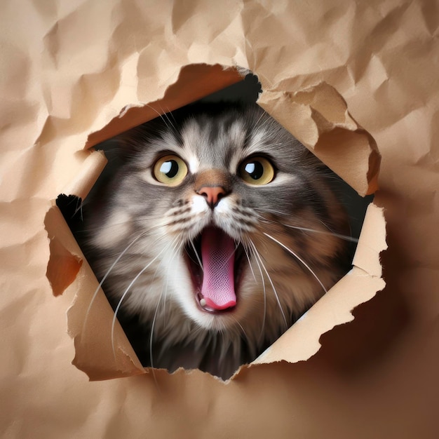 cat with open mouth sticking out through color torn hole in paper ai generative