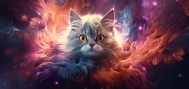 A cat with orange eyes is in a colorful cloud.