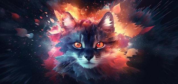 A cat with orange eyes is in a colorful space