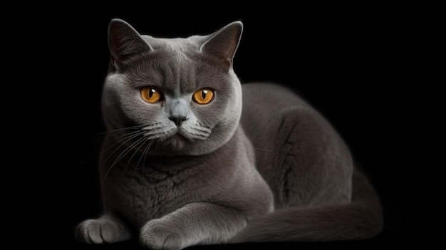 A cat with orange eyes is lying on a black backgroundgenerative ai