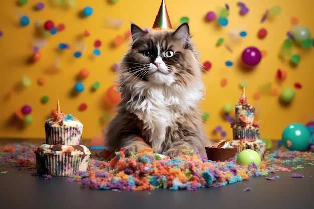 Кот в праздничной шляпе окружен кексами.