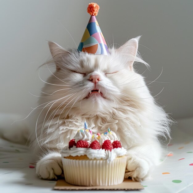 Foto un gatto con un cappello da festa sulla testa sta mangiando un cupcake