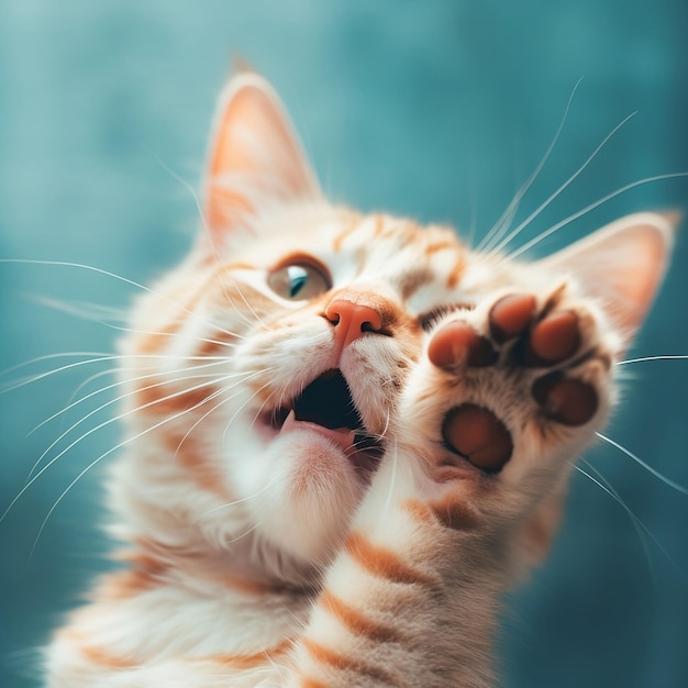 A cat with a paw up in the air