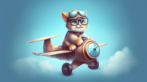 Cat with a pilot hat and goggles flying a plane Cartoon illustration Generative Ai