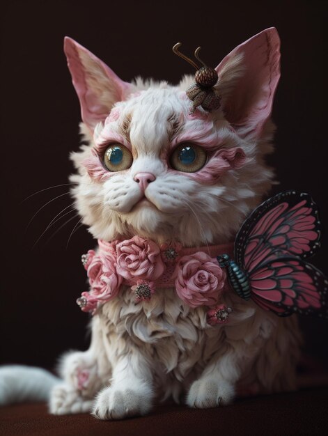 A cat with a pink bow and butterfly on its neck