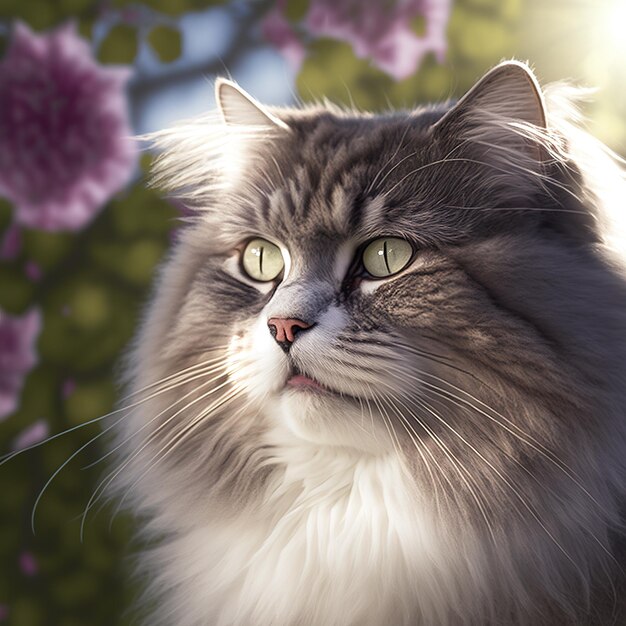 A cat with a pink flower in the background