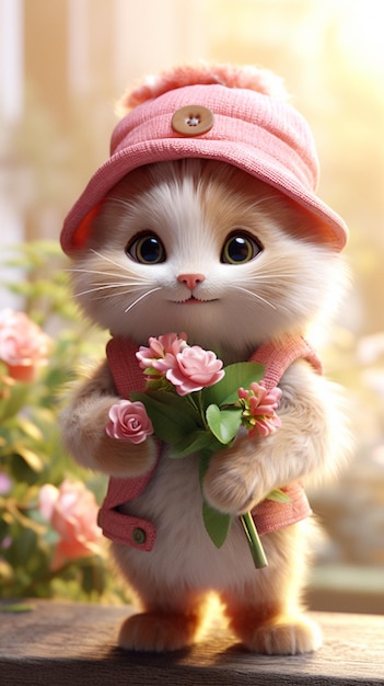 ピンクの花を持つ猫
