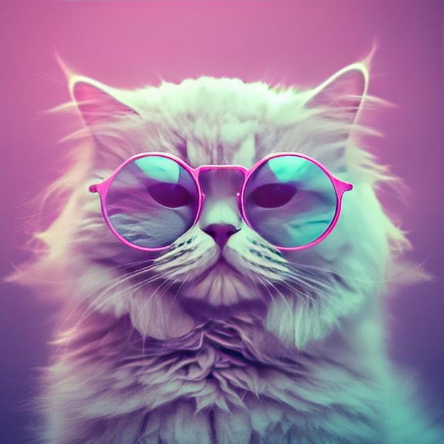 A cat with pink glasses and a pink rimmed eyeglasses.