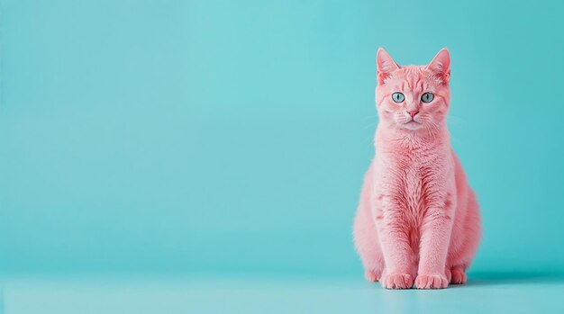 Photo cat with pink hair on a blue background sit