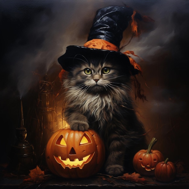 cat with pumpkins halloween theme background