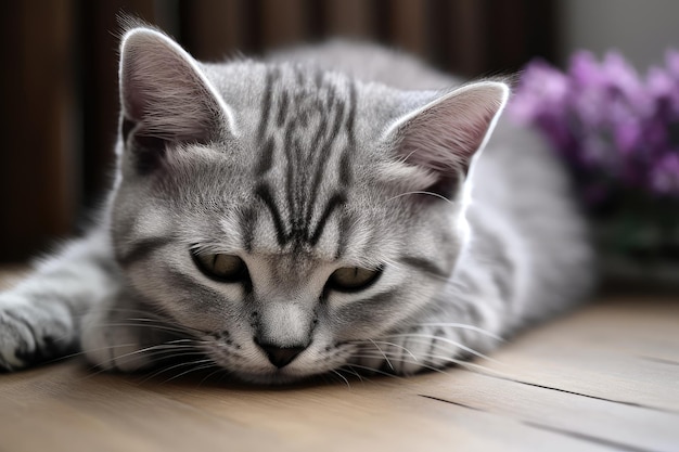 A cat with a purple cloth on its head