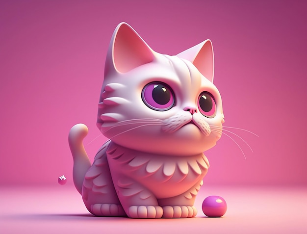 A cat with purple eyes sits on a pink background.