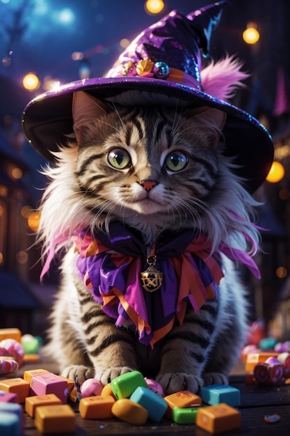 a cat with a purple hat and a purple bow on it