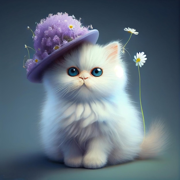 A cat with a purple hat and purple flowers on it.