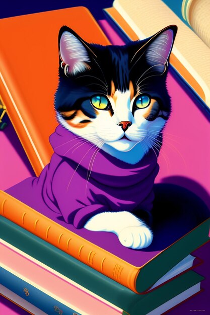 A cat with a purple shirt that says cat on it