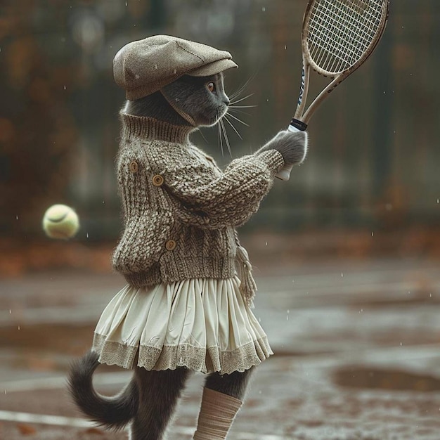 a cat with a racquet and a ball in the rain