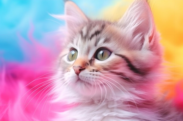 A cat with a rainbow background