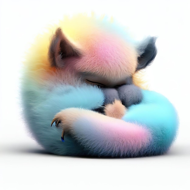 A cat with a rainbow colored coat is sleeping.