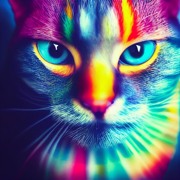 A cat with a rainbow colored face is shown.