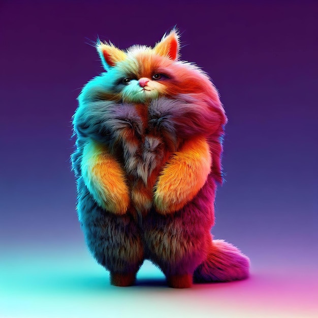 A cat with a rainbow colored face is standing on its back.