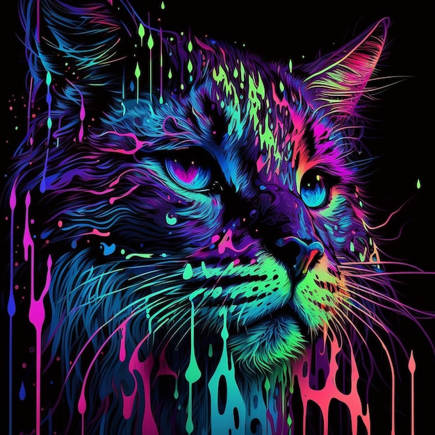 A cat with a rainbow colored face.