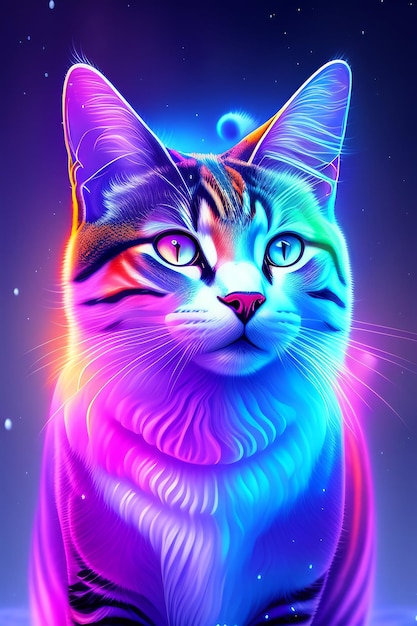 A cat with a rainbow colored face.