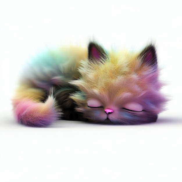 A cat with a rainbow colored tail is sleeping on a white background.