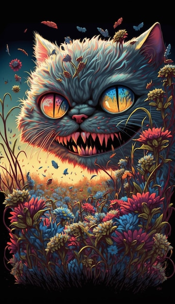 A cat with a rainbow eye and a yellow eye is surrounded by flowers.