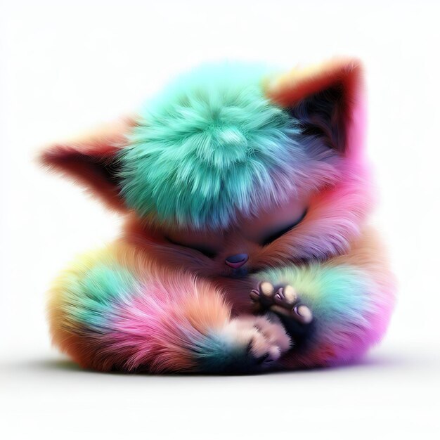 A cat with rainbow hair is sleeping on a white background.