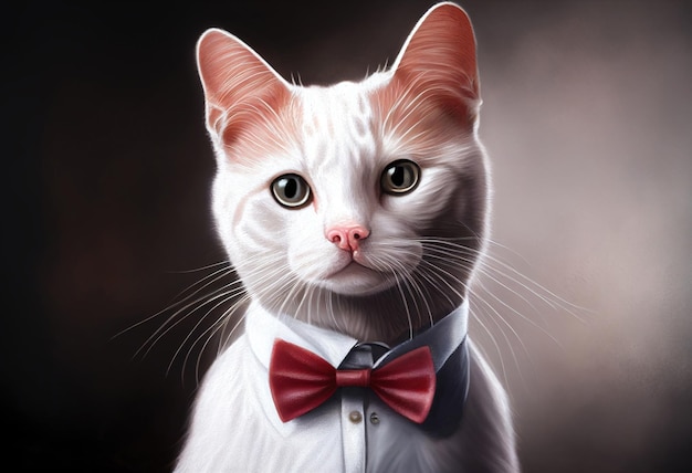 A cat with a red bow tie is shown.