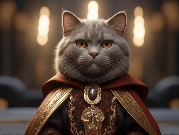 a cat with a red cape and gold trim is posing for a photo