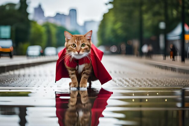 Photo a cat with a red cape is on a wet street.