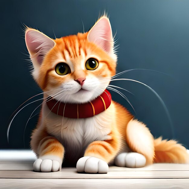 A cat with a red collar and a red collar sits on a table.
