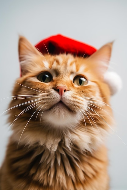 A cat with a red hat on its head