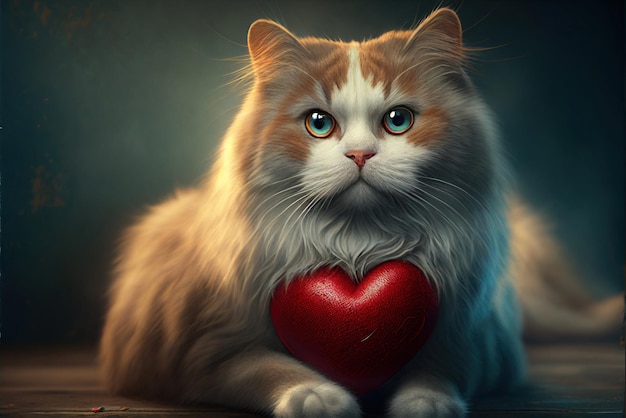 A cat with a red heart on its chest