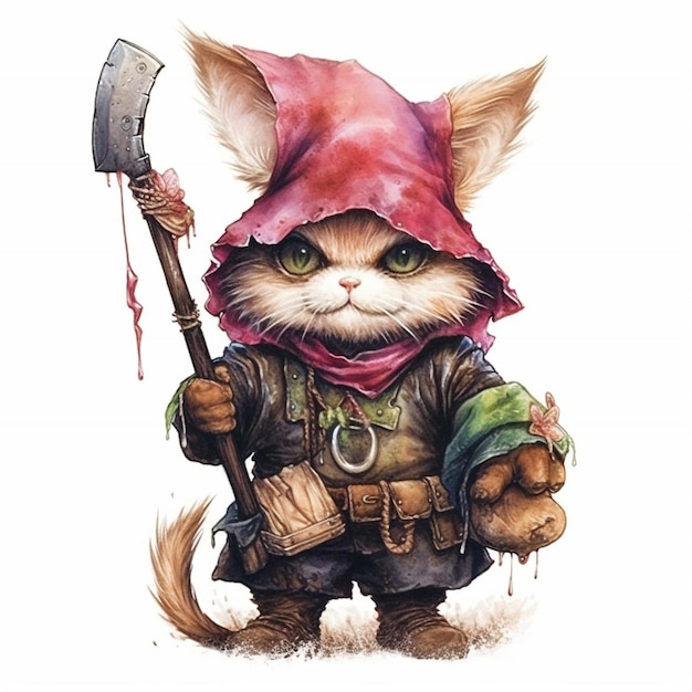 A cat with a red hood and a hood.