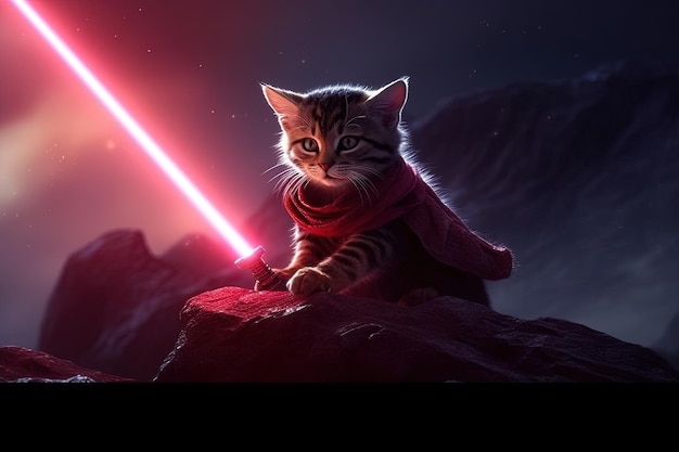 Cat with red light saber on a dark lava distant planet illustration generative ai