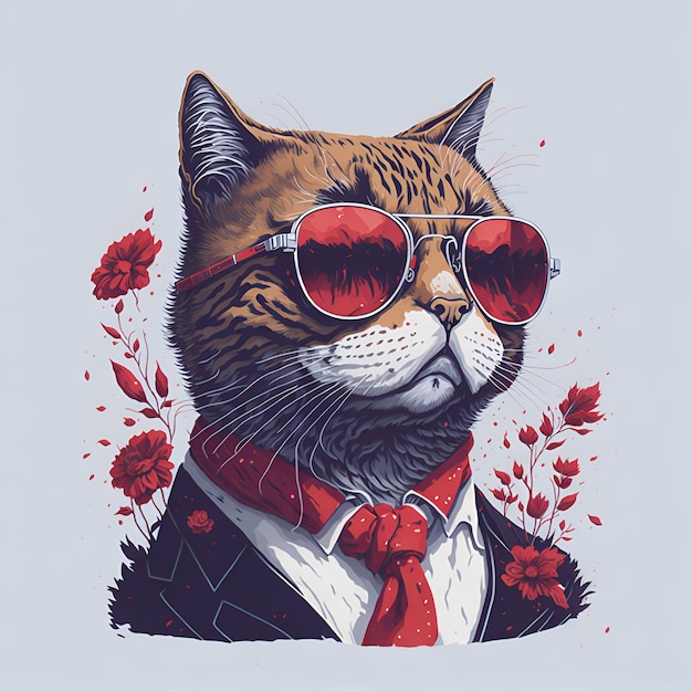 A cat with a red tie and sunglasses is wearing a tuxedo