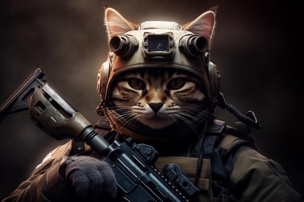 A cat with a rifle and a helmet